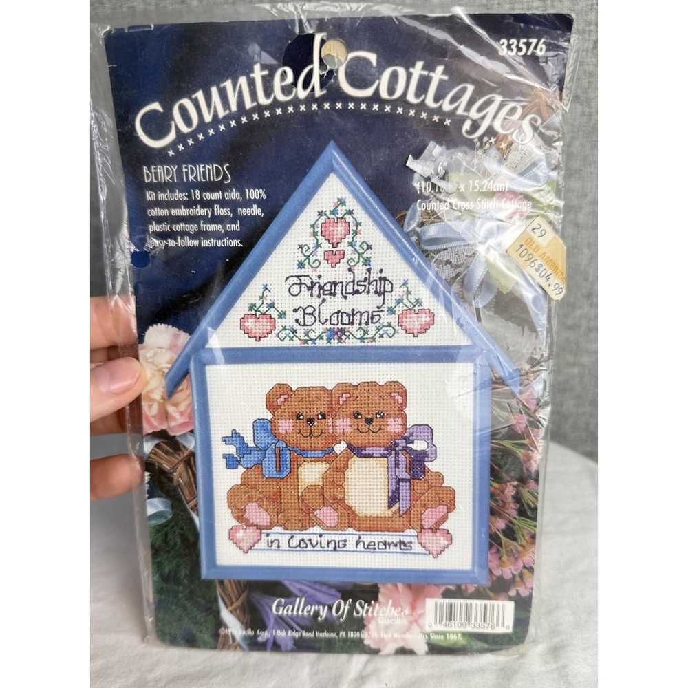 Vintage 90s Beary Friends Bucilla Counted Cottage Cross Stitch Kit Heart Bear